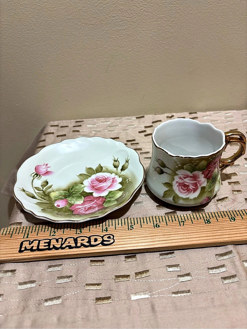 Lefton 3067 Floral Teacup & Saucer in White Green & Pink Flowers$25